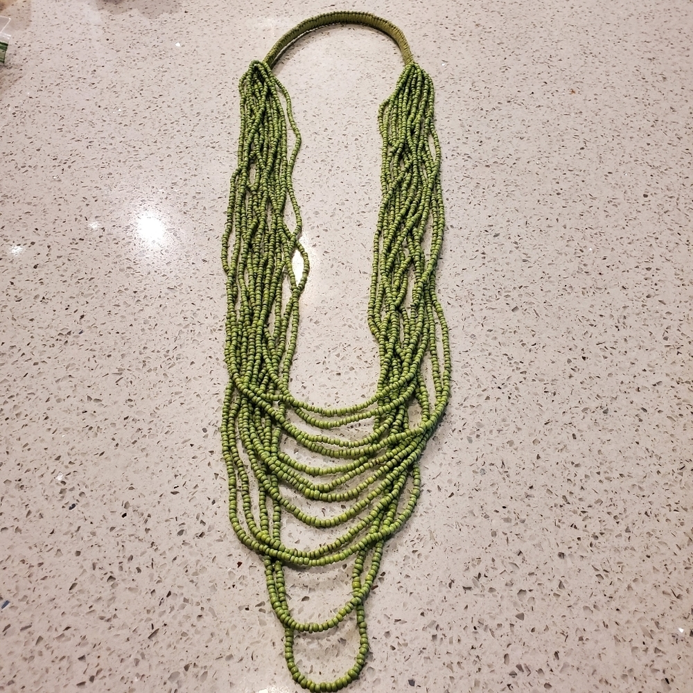 Green Beaded Statement Necklace Long Layered Tiered Tribal Boho Tropical Preppy